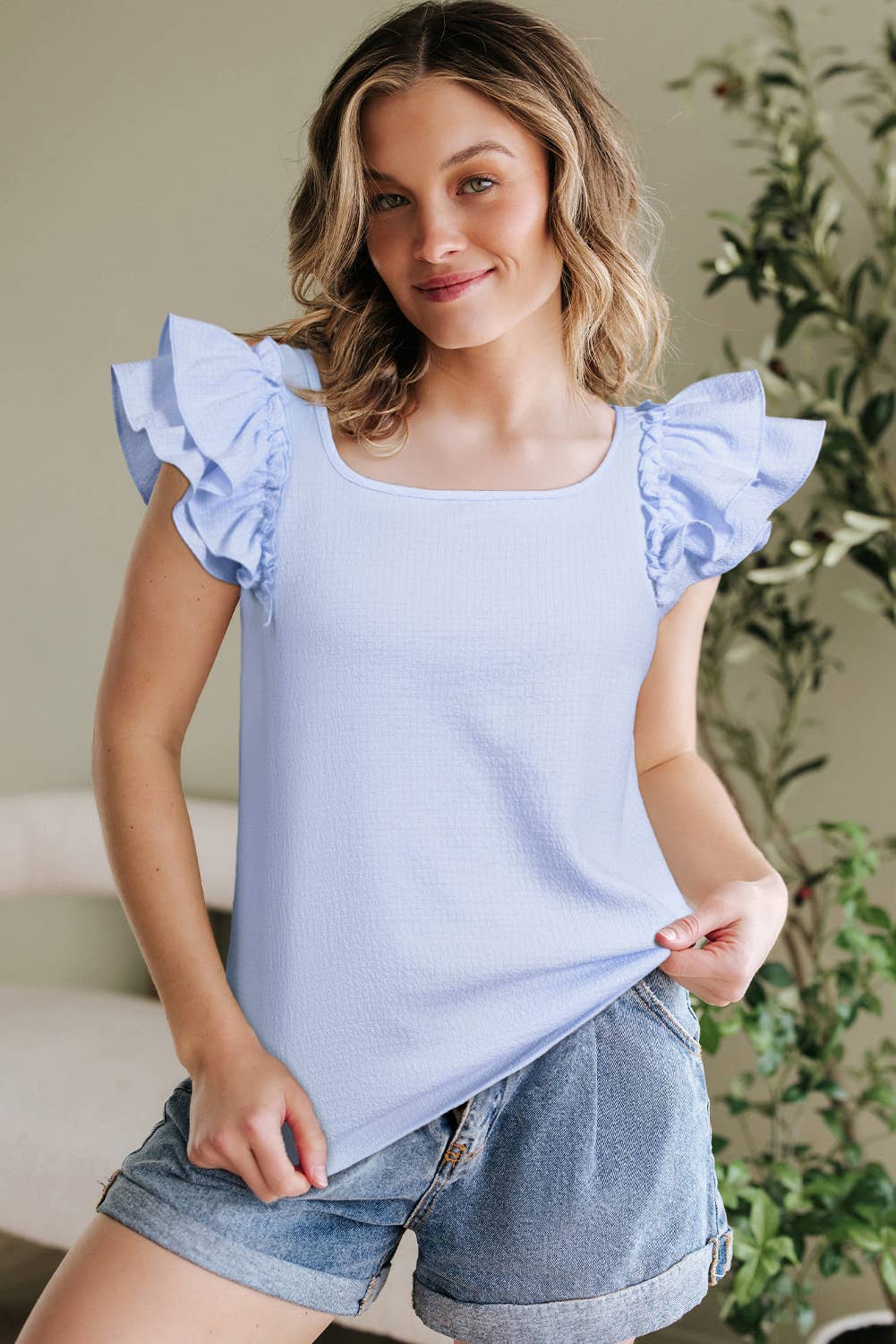 Textured Bow Knot Frilled Butterfly Sleeve Blouse