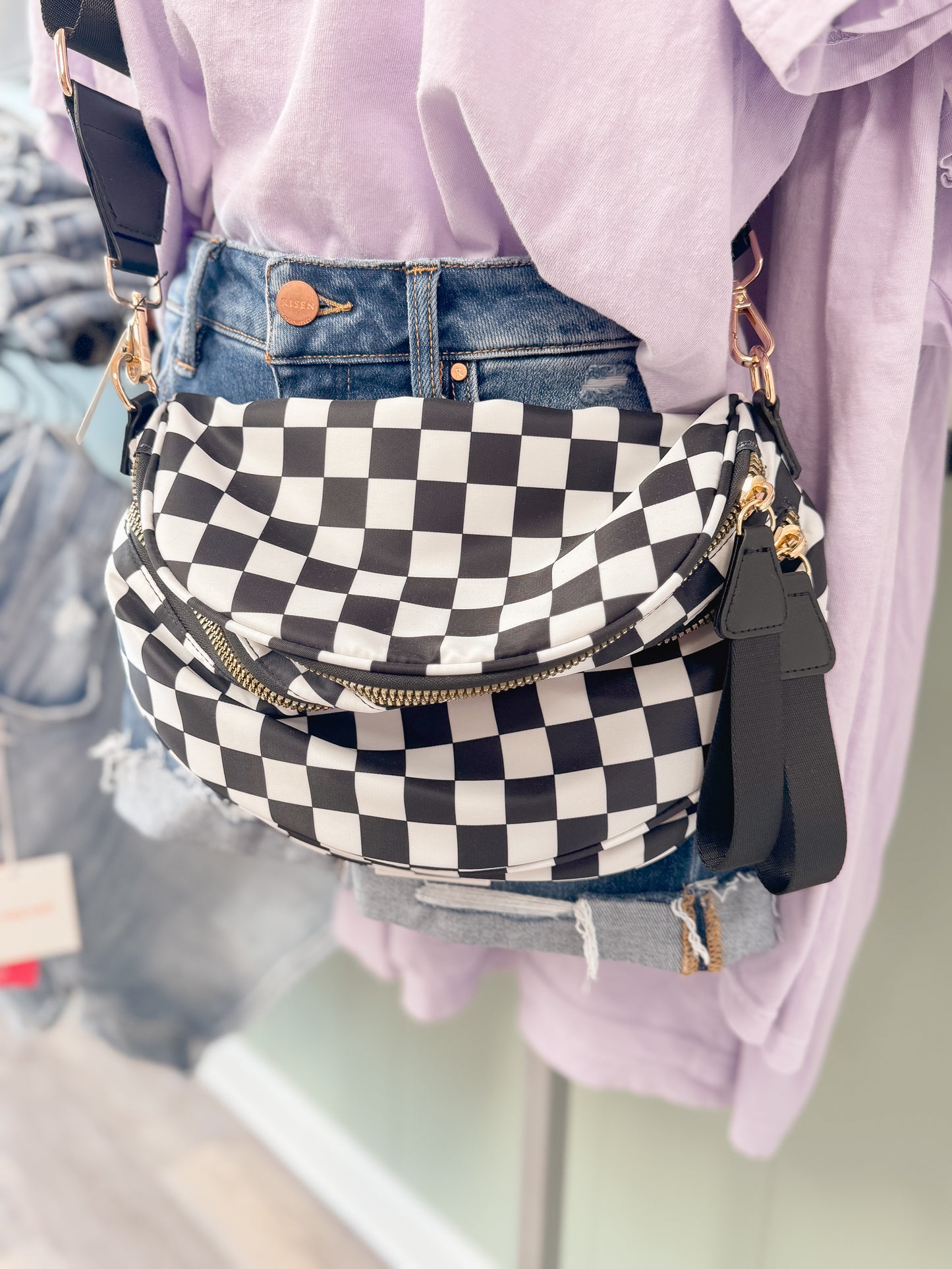 Checkered Double Zip Nylon Bag #801
