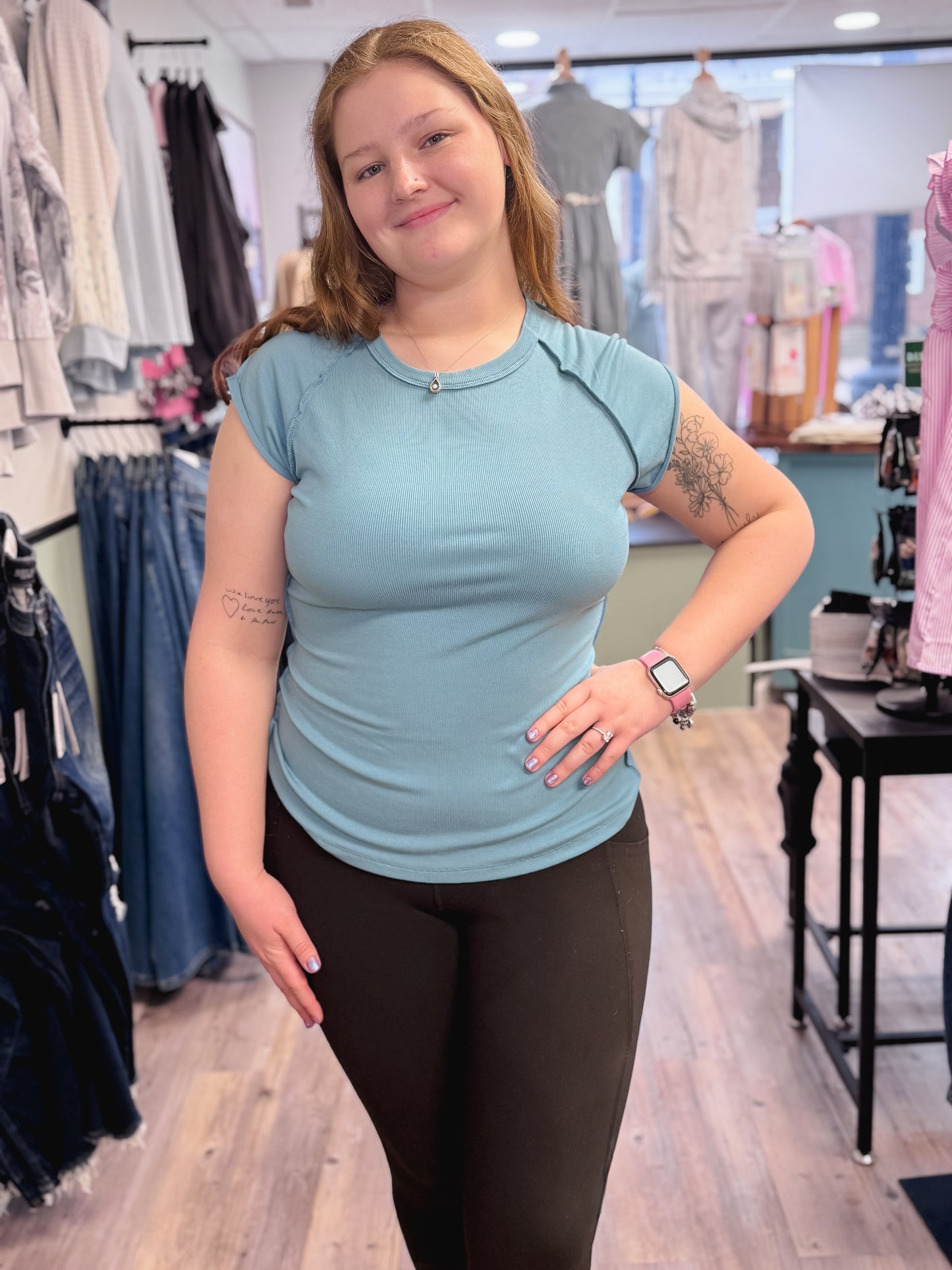 Cap Sleeve Ribbed T Shirt