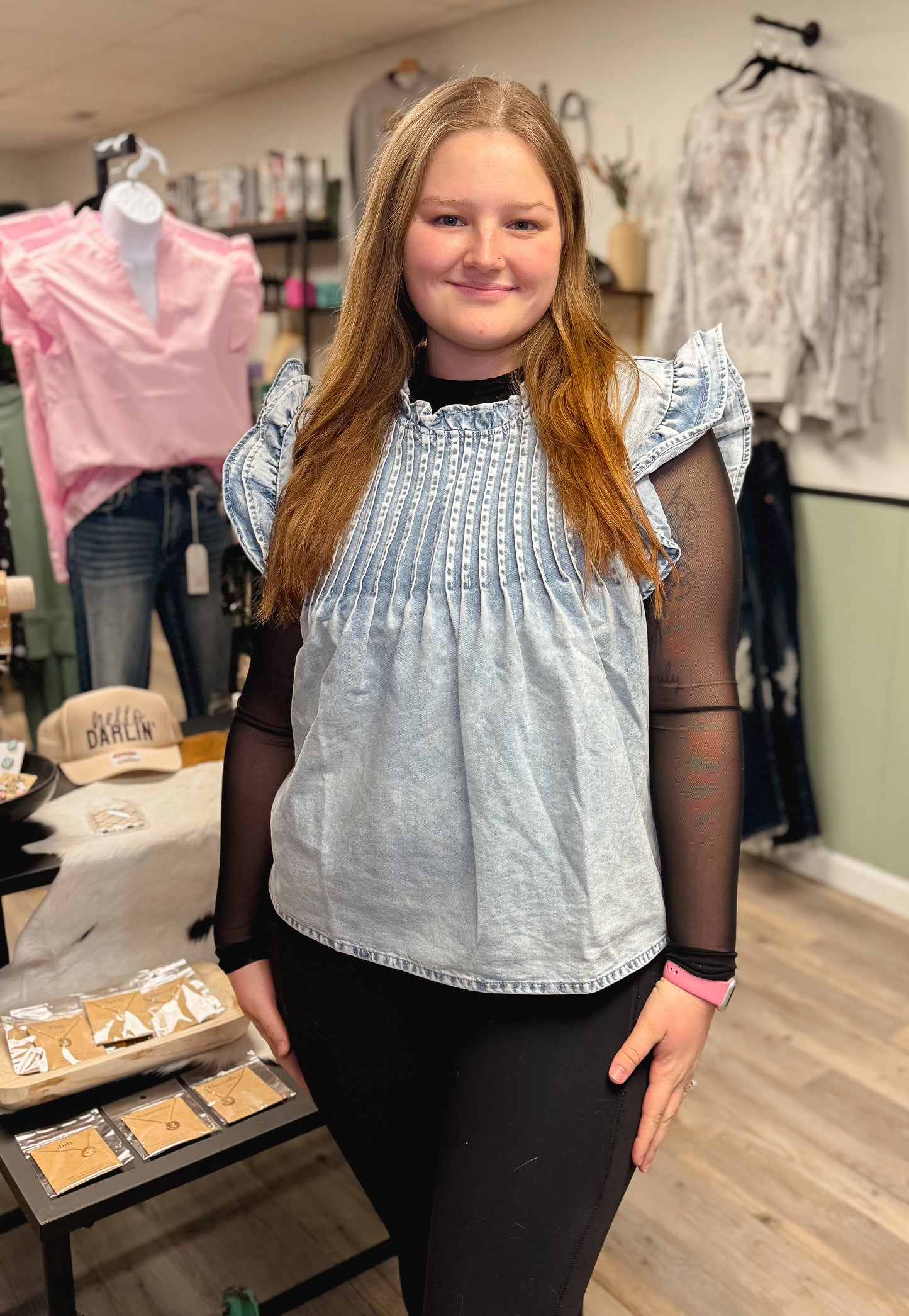 Vintage Washed Ruffle Pleated Detail Denim Top | S-XL
