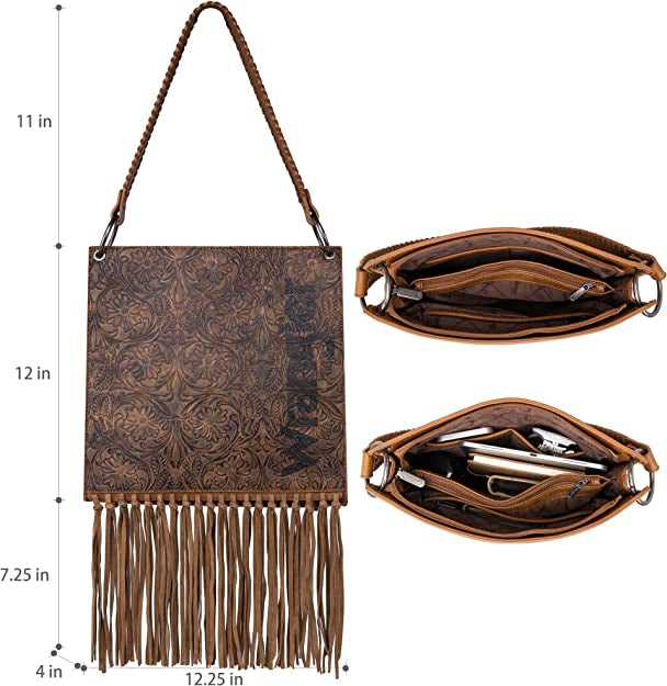 Wrangler Floral Embossed Fringe Concealed Carry Hobo/Crossbody