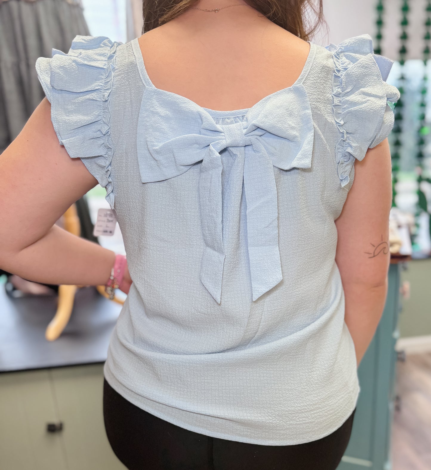 Textured Bow Knot Frilled Butterfly Sleeve Blouse