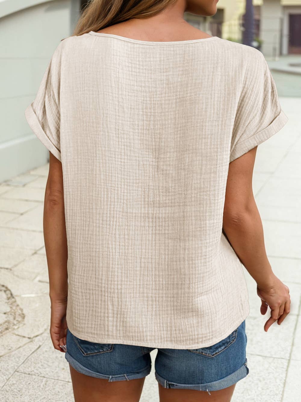 Crochet Insert Textured Cotton Short Sleeve Blouse Top