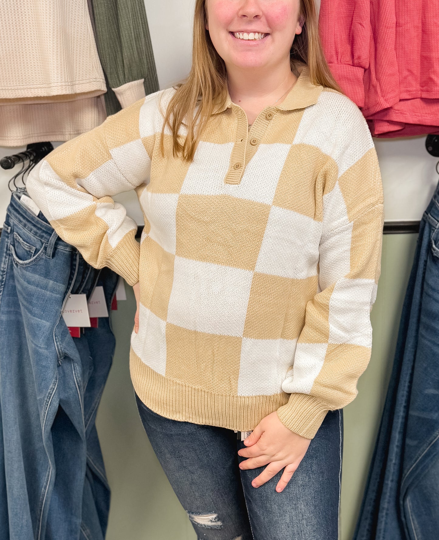 Checkered V Neck Long Sleeve Sweater | S-XL