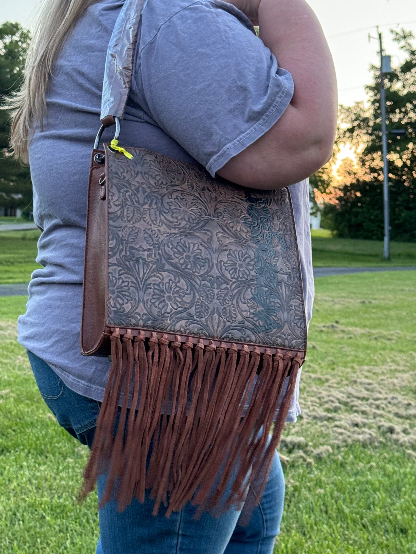Wrangler Floral Embossed Fringe Concealed Carry Hobo/Crossbody