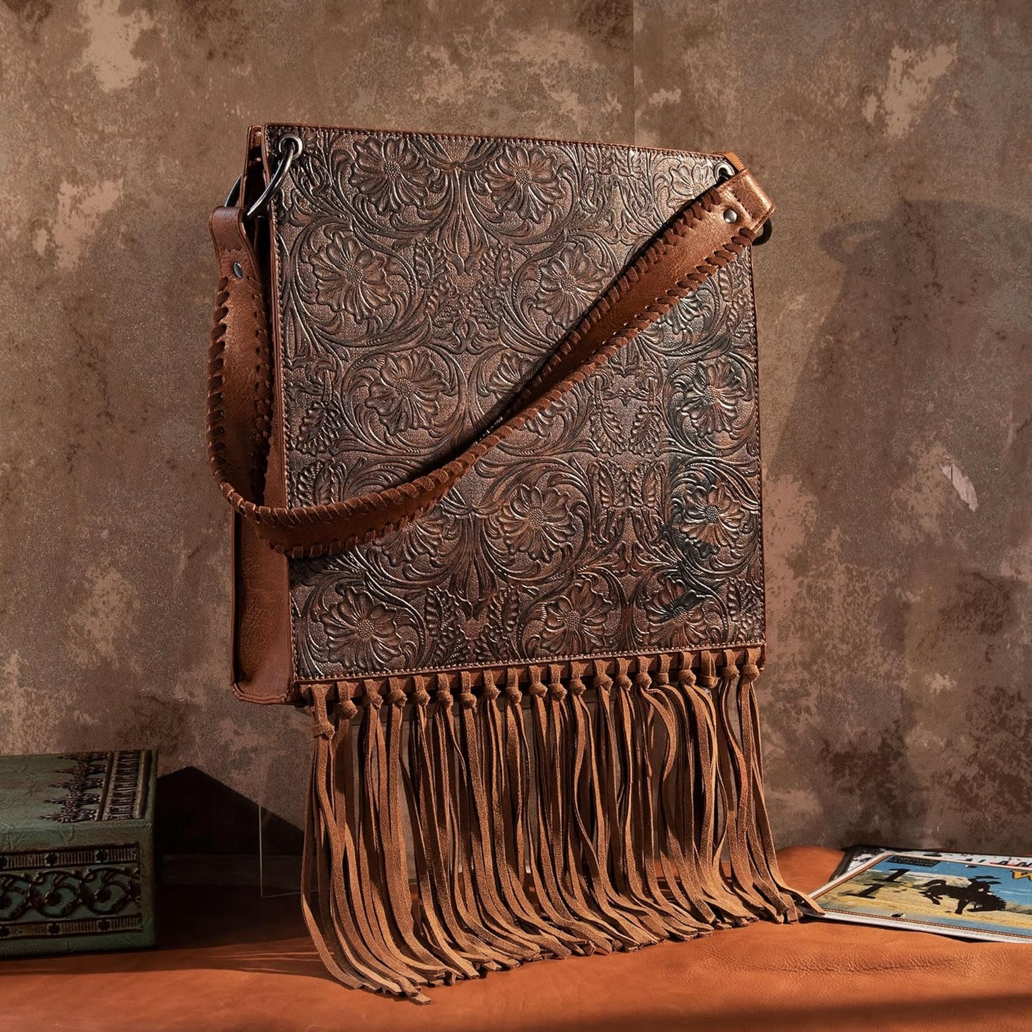 Wrangler Floral Embossed Fringe Concealed Carry Hobo/Crossbody