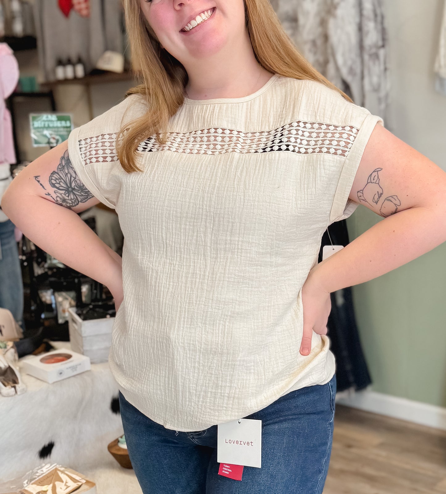 Crochet Textured Cotton Short Sleeve Top