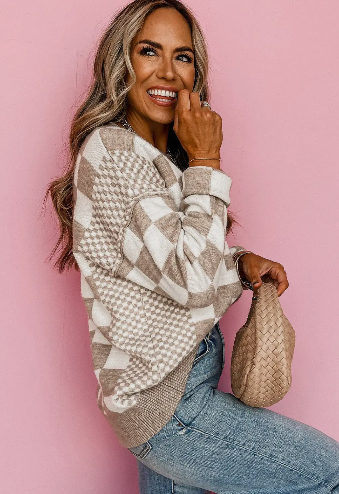 Khaki Checkered Round Neck Sweater