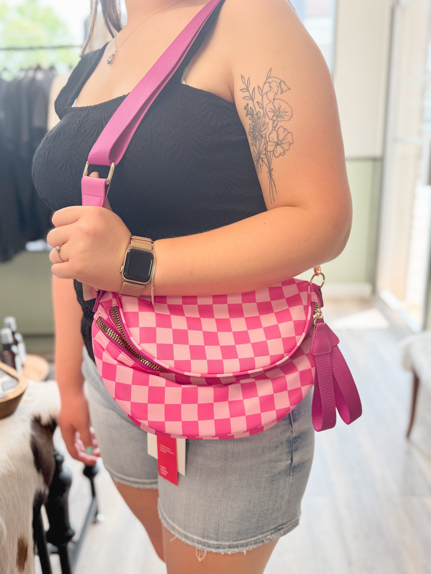 Checkered Double Zip Nylon Bag #801