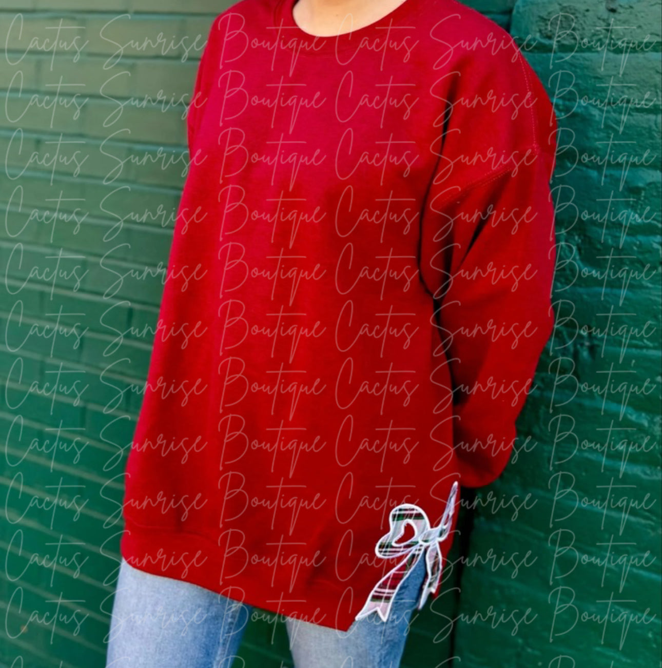 PREORDER Red Plaid Side Bow Embroidered Appliqué Crewneck **Read Description**