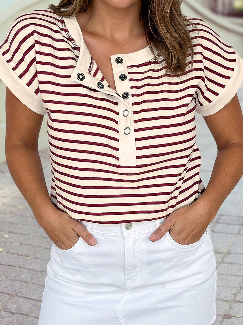 Half Buttons Round Neck T Shirt