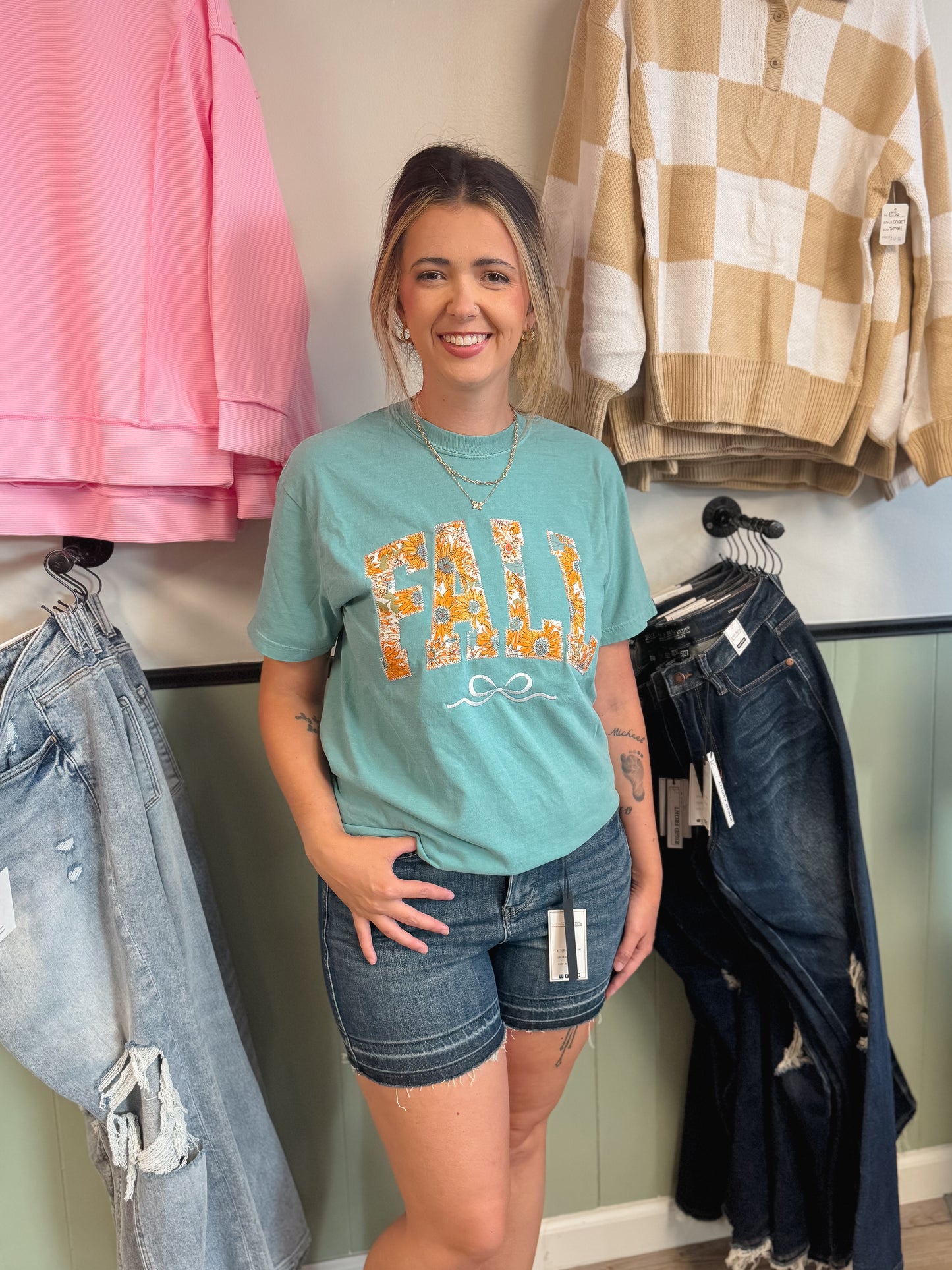 Embroidery Bow Fall Floral Short Sleeve