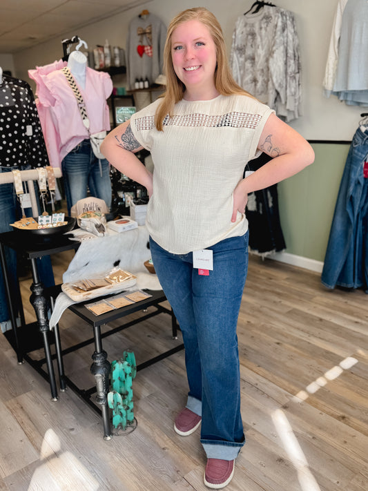 Crochet Textured Cotton Short Sleeve Top