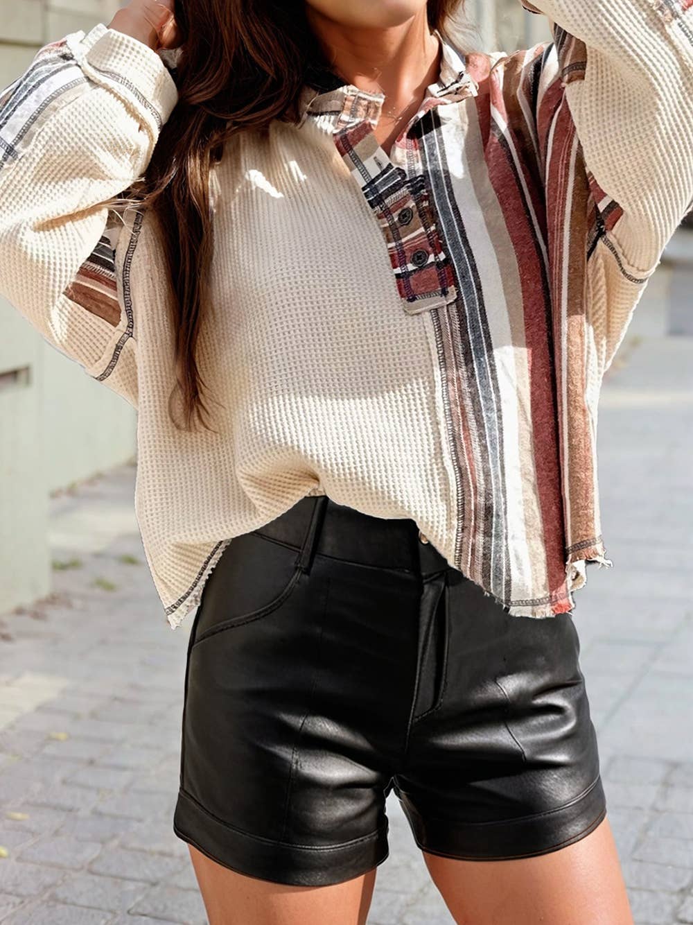 Waffle Patchwork Casual Knit Top