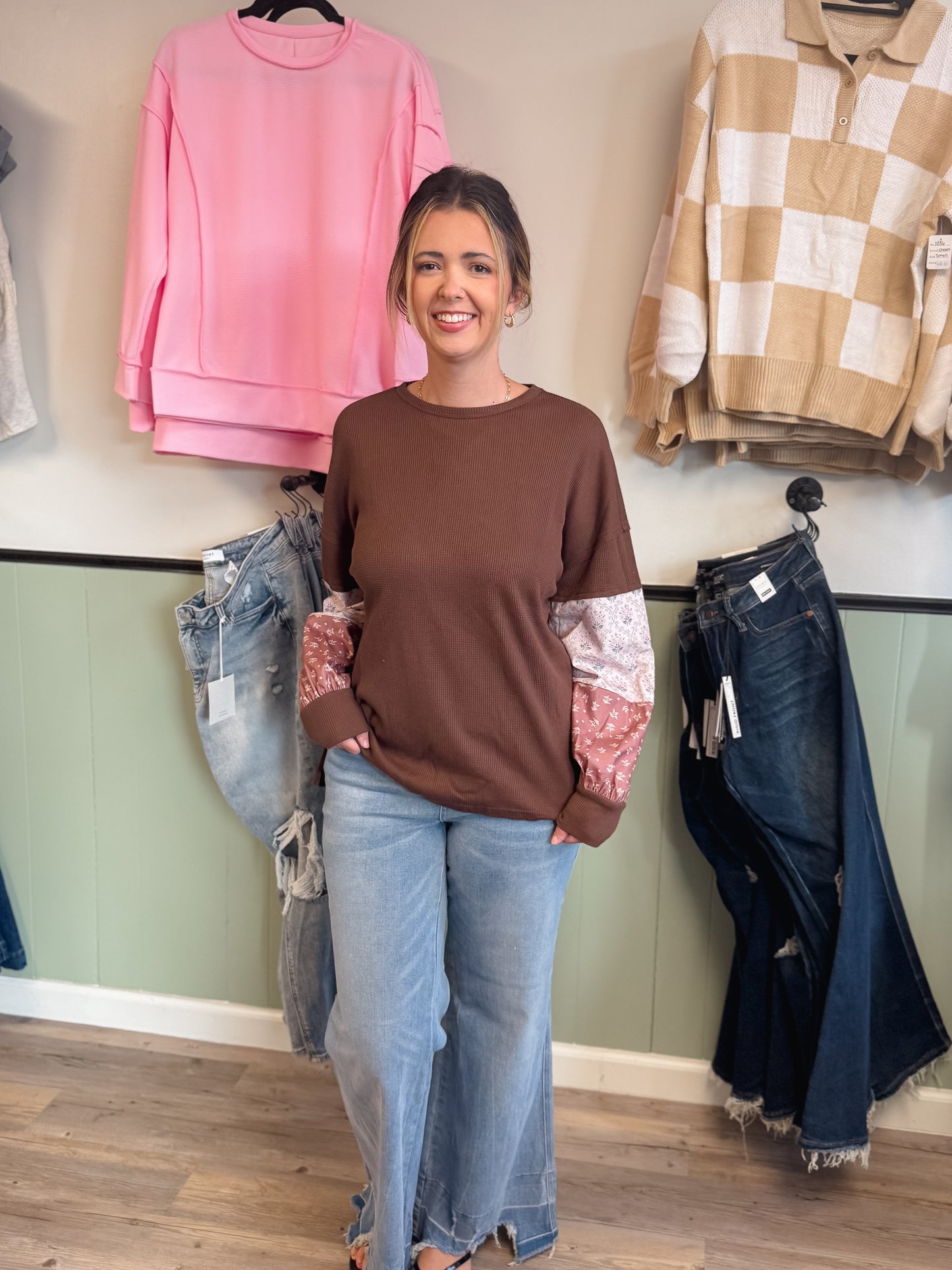 Floral Colorblock Long Sleeve Textured Pullover Tunic Top