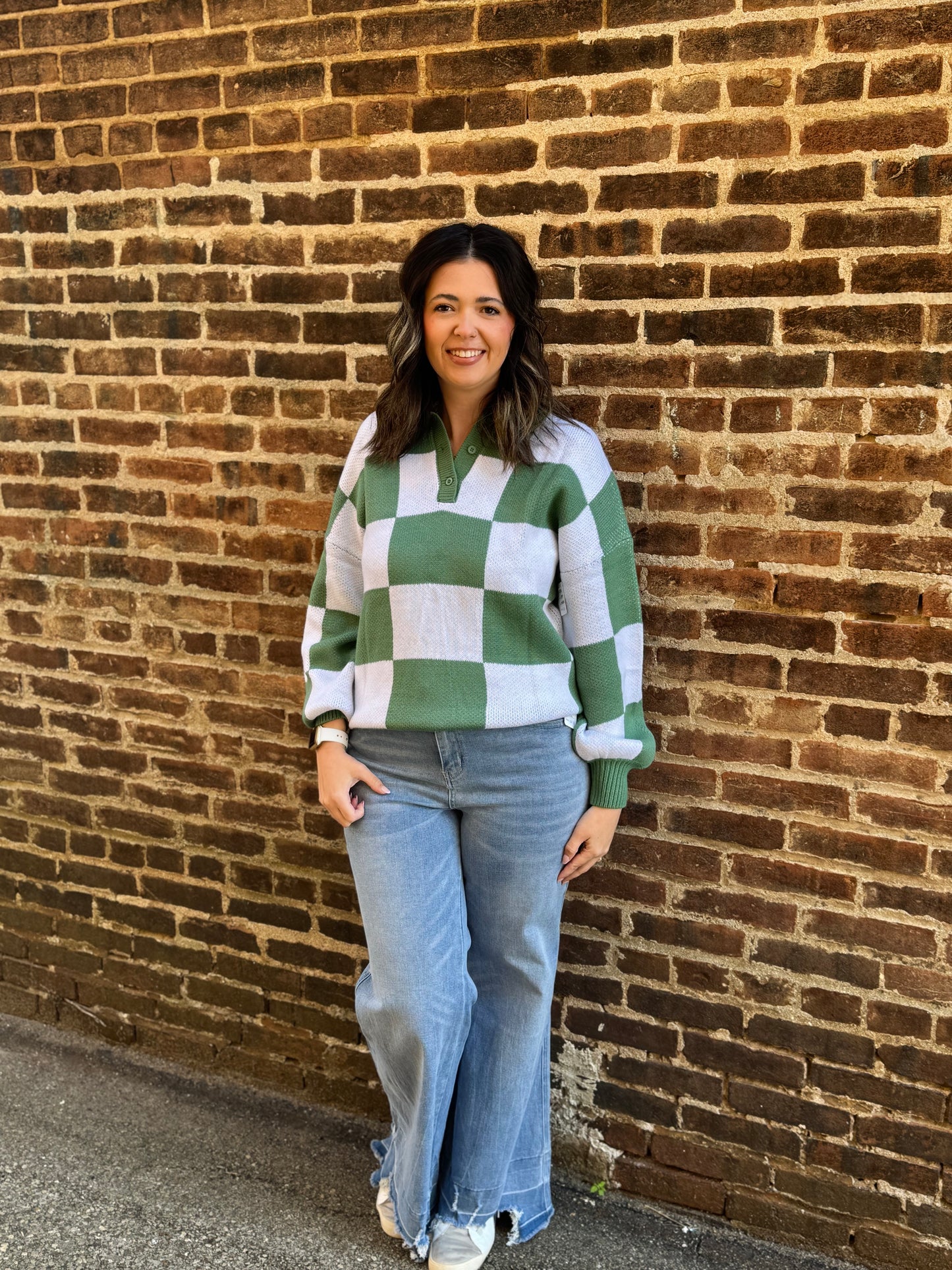 Checkered V Neck Long Sleeve Sweater | S-XL
