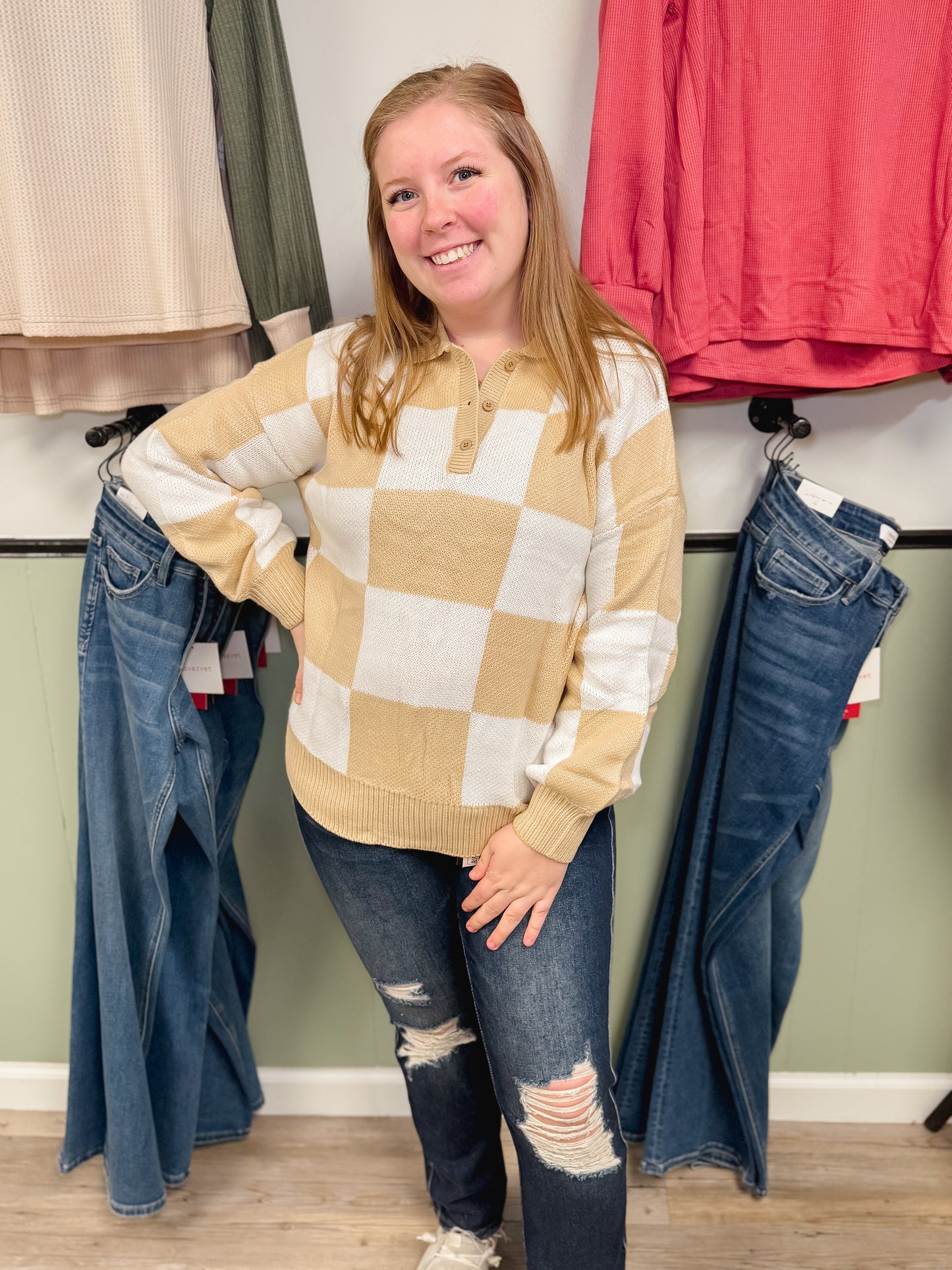 Checkered V Neck Long Sleeve Sweater | S-XL