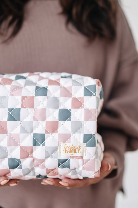 Quilted Carry All Pouch for Women – Large Makeup Organizer Bag, Stand Up Toiletry Case, Wide Zipper Opening, Cute Travel Pouch