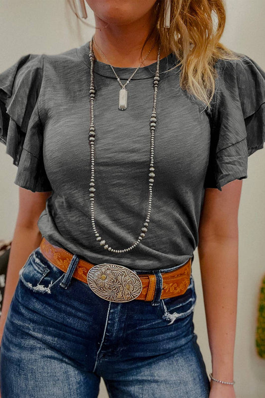 Dark Grey Layered Ruffle Short Sleeve Round Neck Top