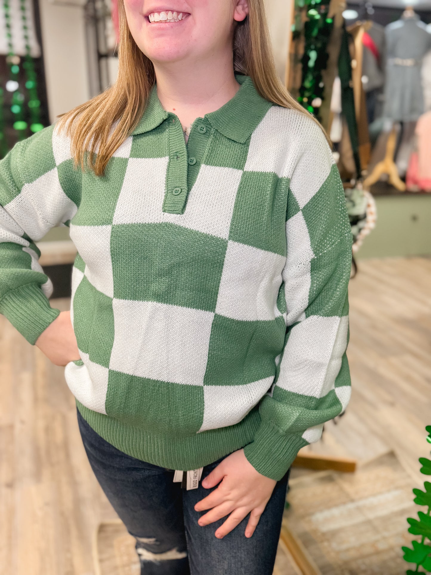 Checkered V Neck Long Sleeve Sweater | S-XL