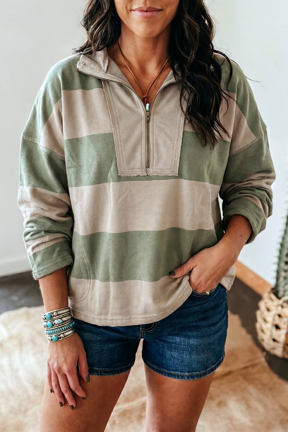 Striped Colorblock Zipper Pullover Long Sleeve Loose Top
