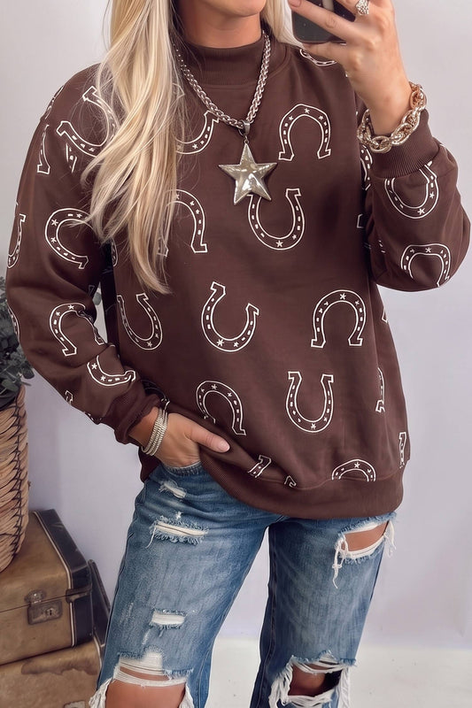 Western Horseshoe Print High Neck Casual Pullover Sweatshirt