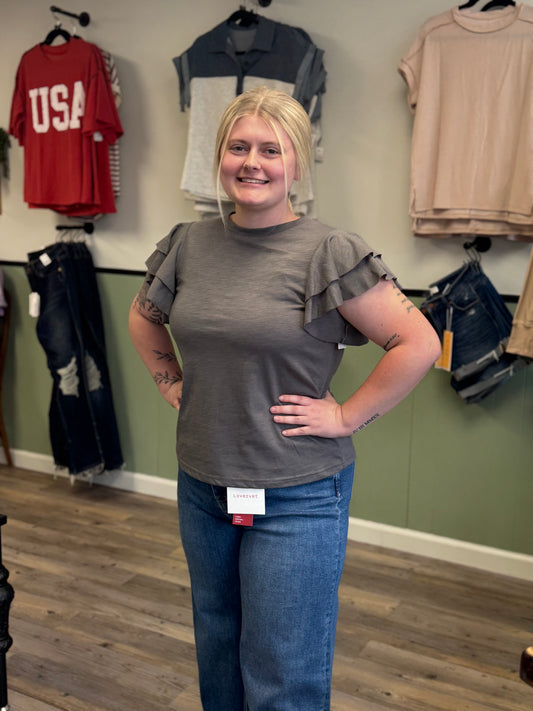 Dark Grey Layered Ruffle Short Sleeve Round Neck Top