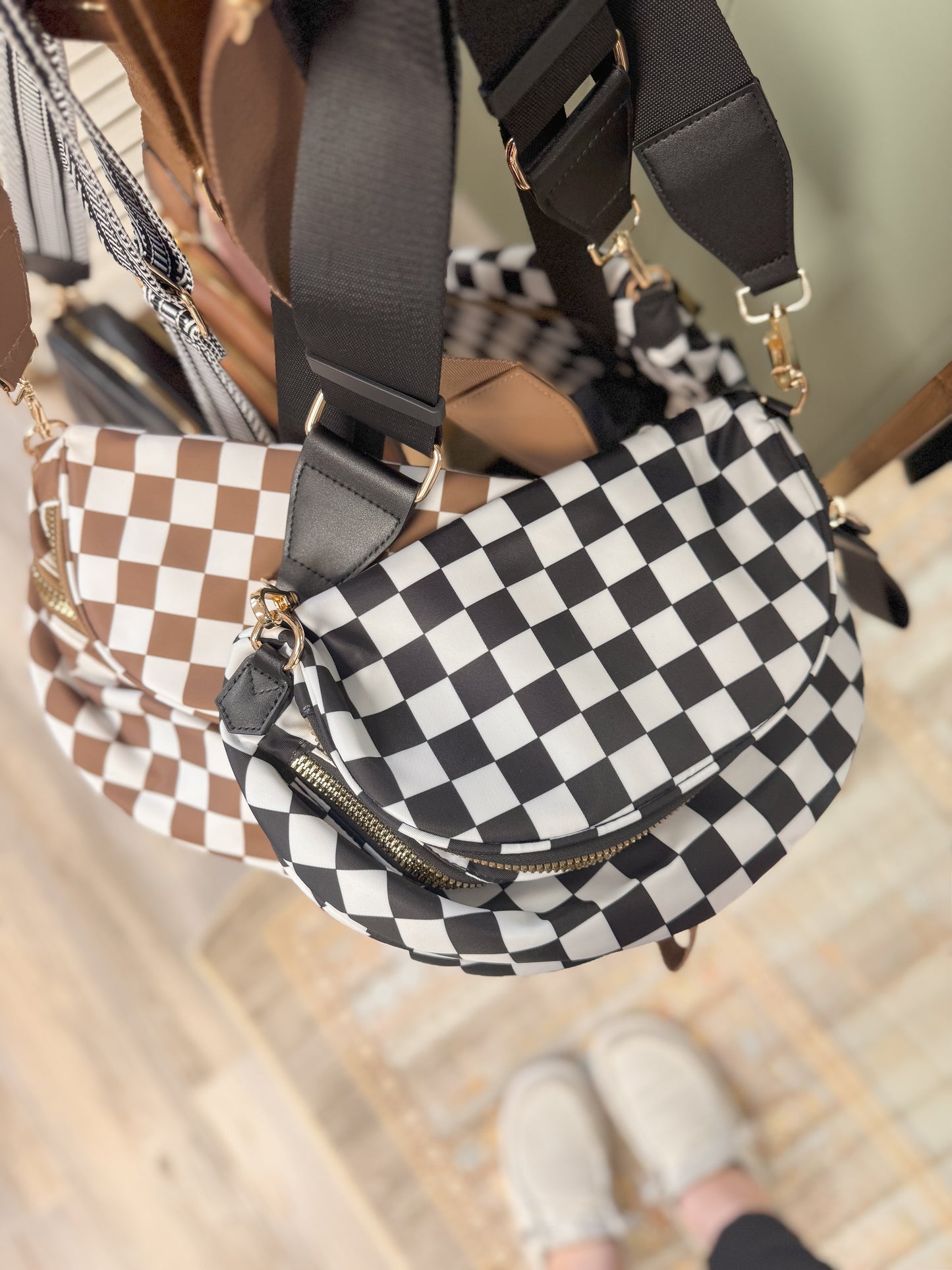 Checkered Double Zip Nylon Bag #801