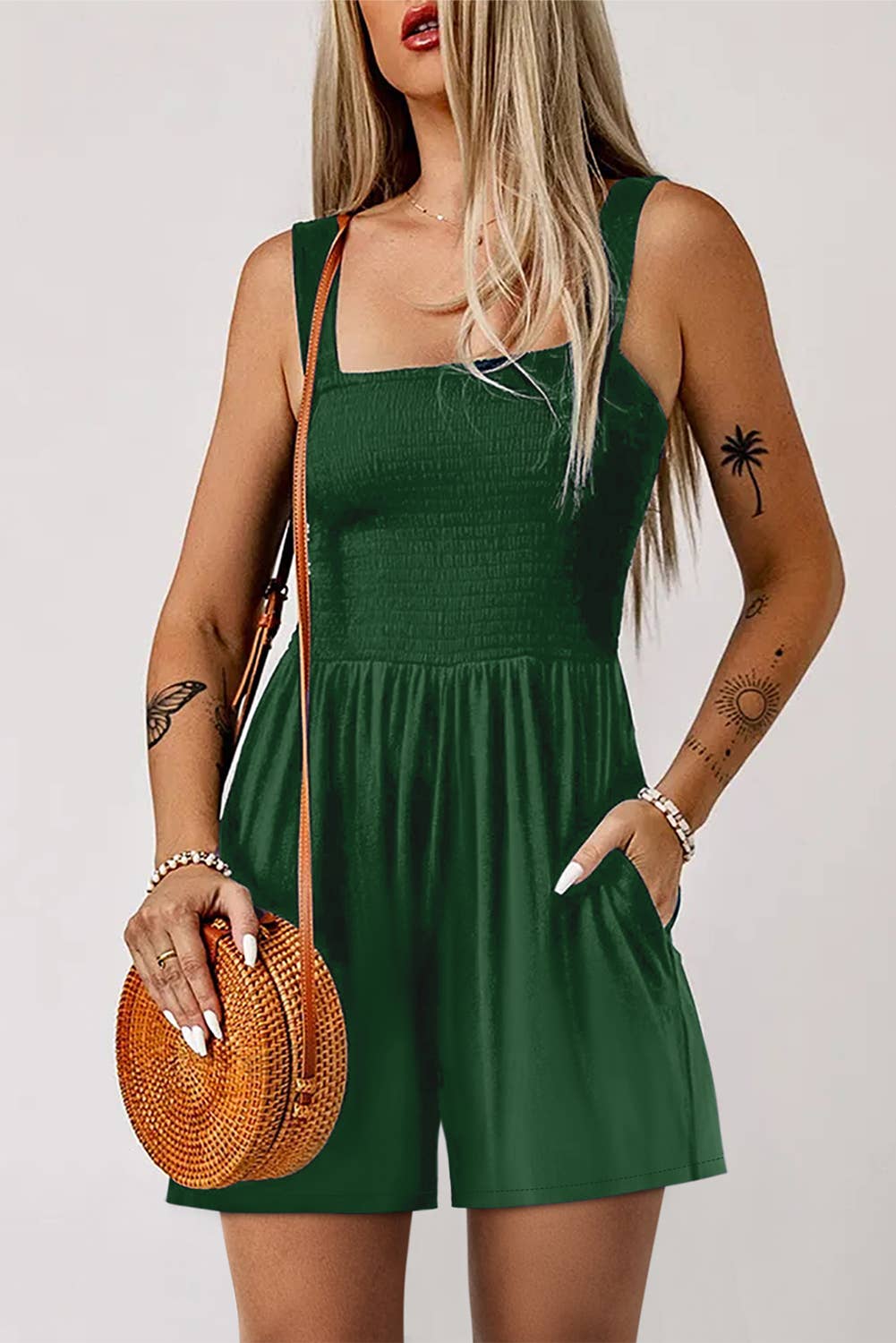 Casual Pocketed Smocked Sleeveless Romper