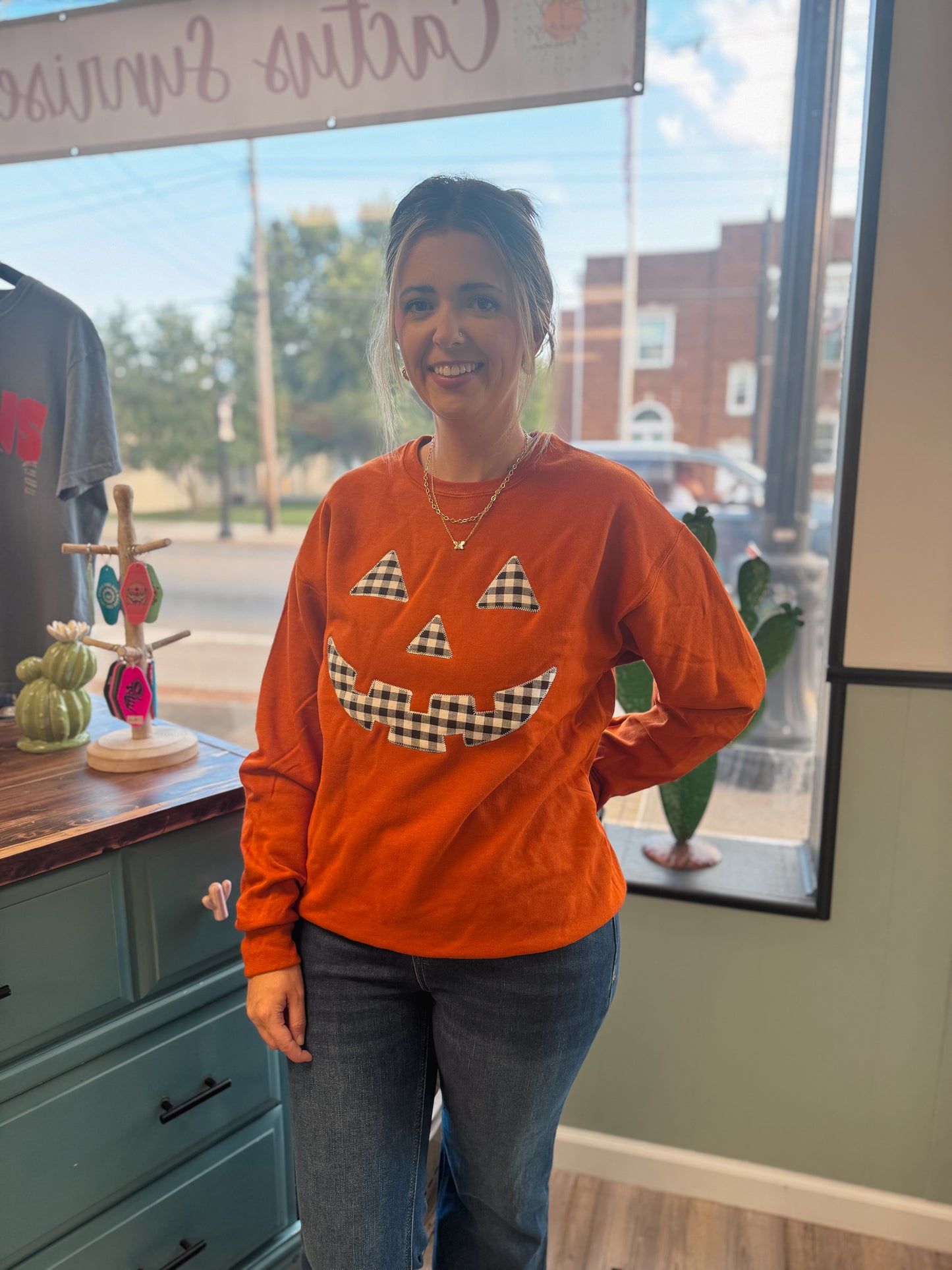 Embroidery Burnt Orange Gingham Pumpkin Sweatshirt