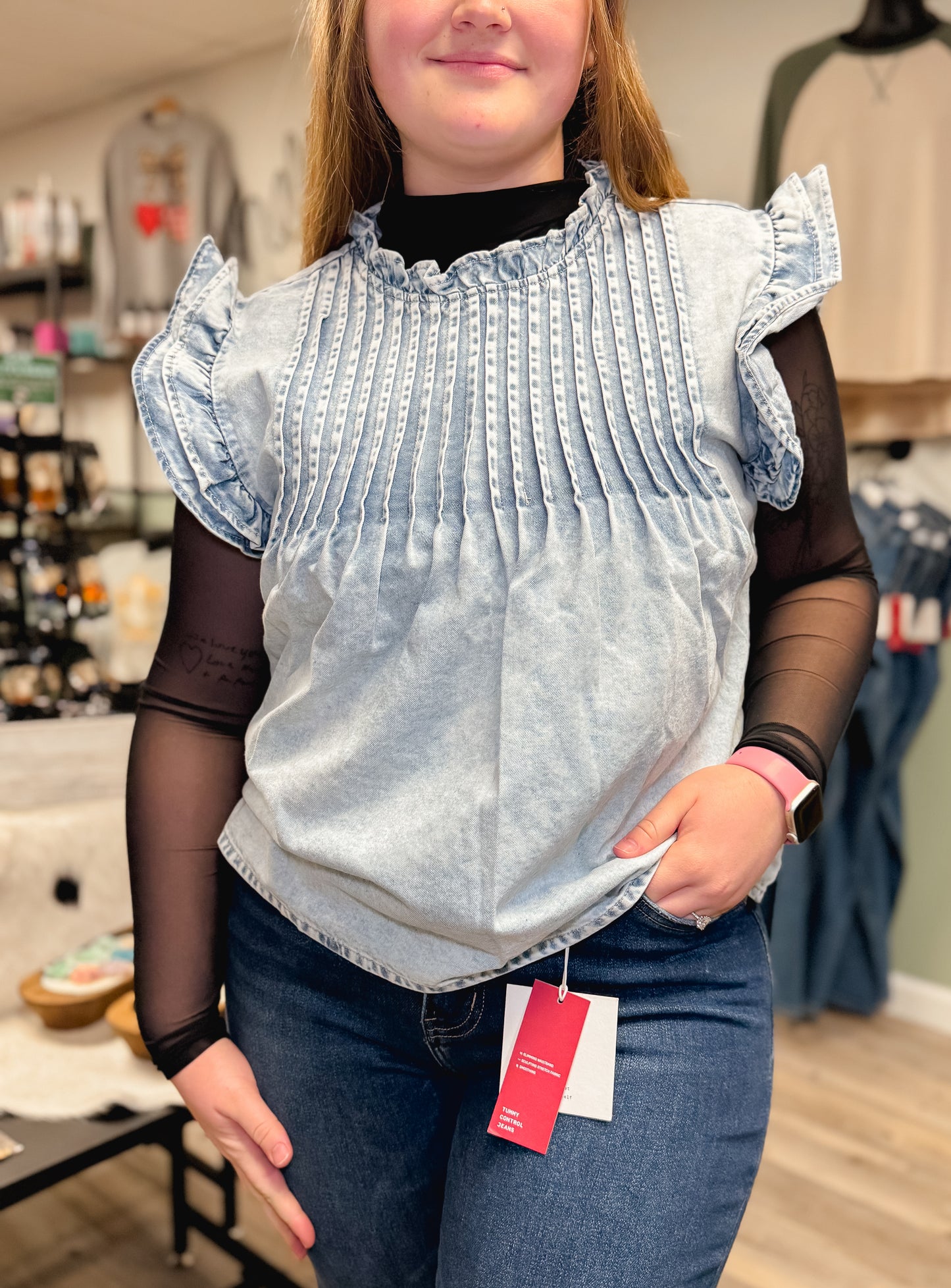 Vintage Washed Ruffle Pleated Detail Denim Top | S-XL