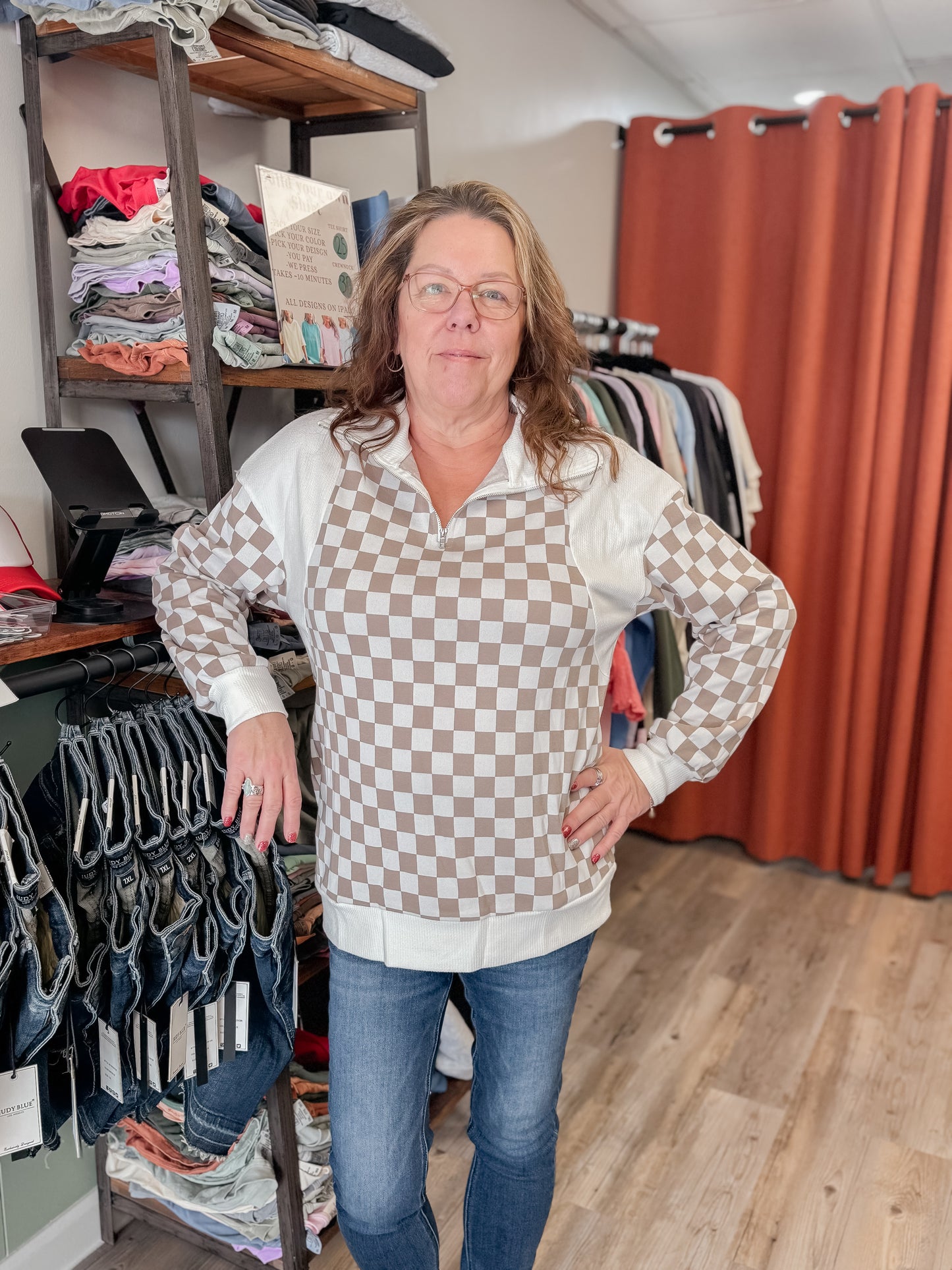 Mocha Check Quarter Zip Sweater