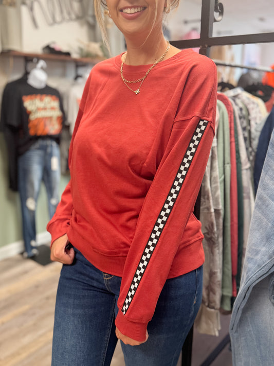 Checkerboard Side Panel Drop Shoulder Crewneck Sweatshirt