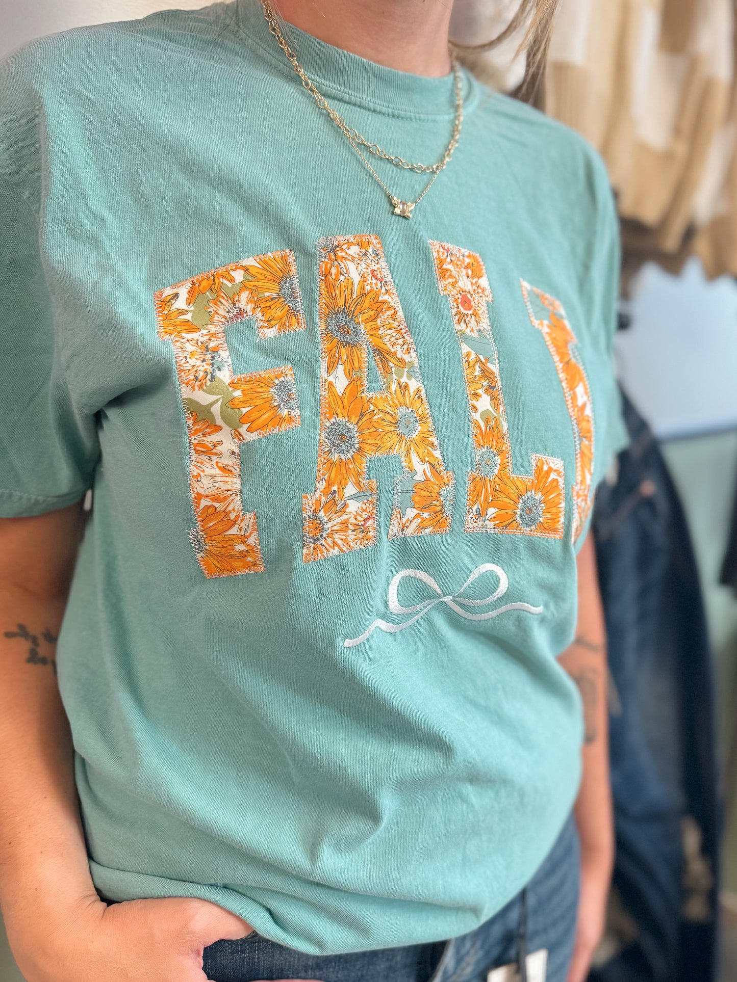 Embroidery Bow Fall Floral Short Sleeve