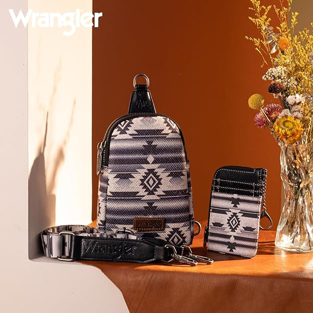 Wrangler Aztec Print Crossbody Sling Chest Bag With Zip Card Holder Set - Black