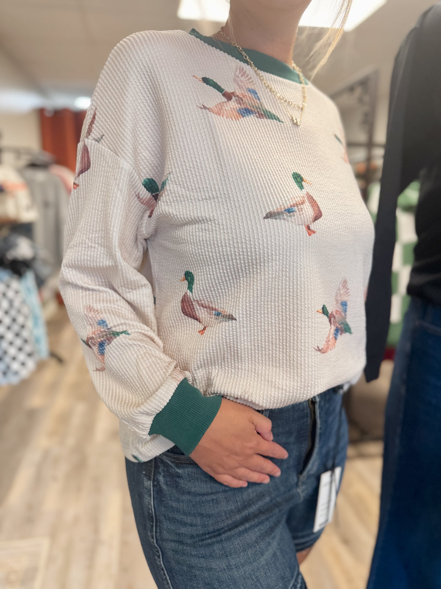 Twisted Ribbed Duck Crewneck Casual Pullover Sweatshirt
