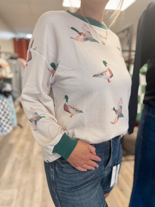 Twisted Ribbed Duck Crewneck Casual Pullover Sweatshirt