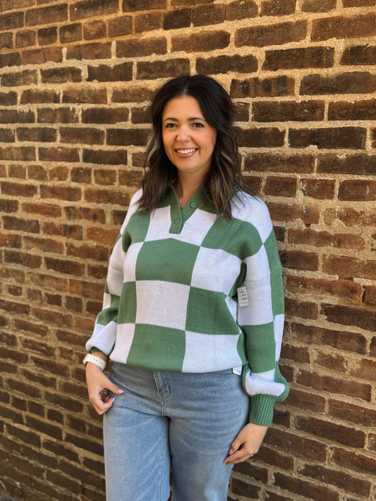 Checkered V Neck Long Sleeve Sweater | S-XL