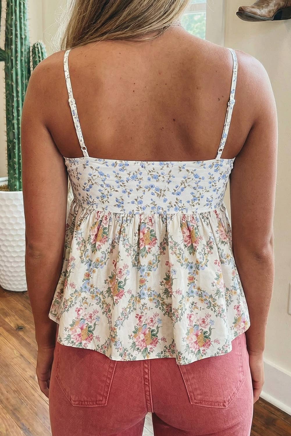 Western Floral Print Patchwork Spaghetti Straps Babydoll Top