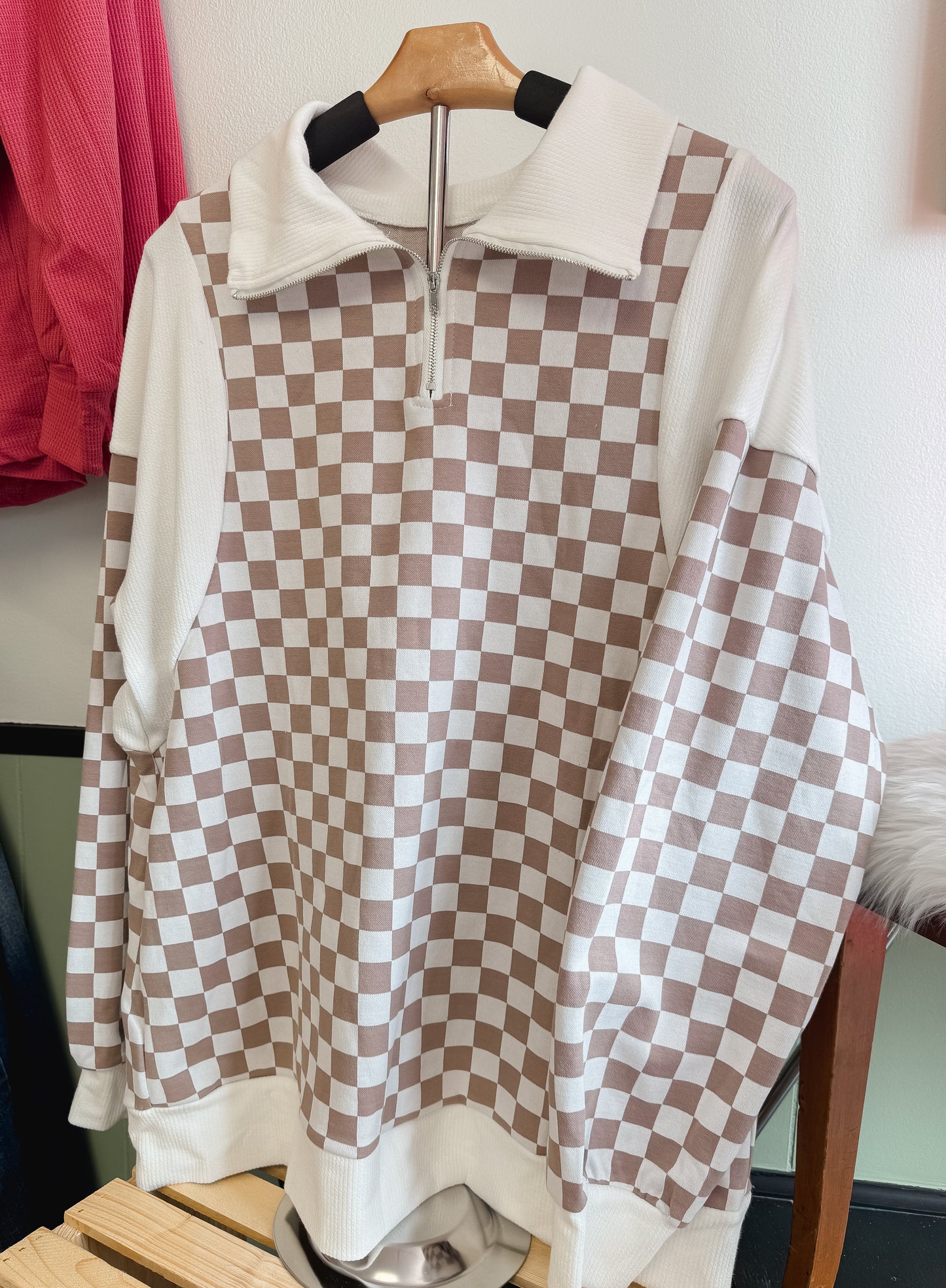 Mocha Check Quarter Zip Sweater