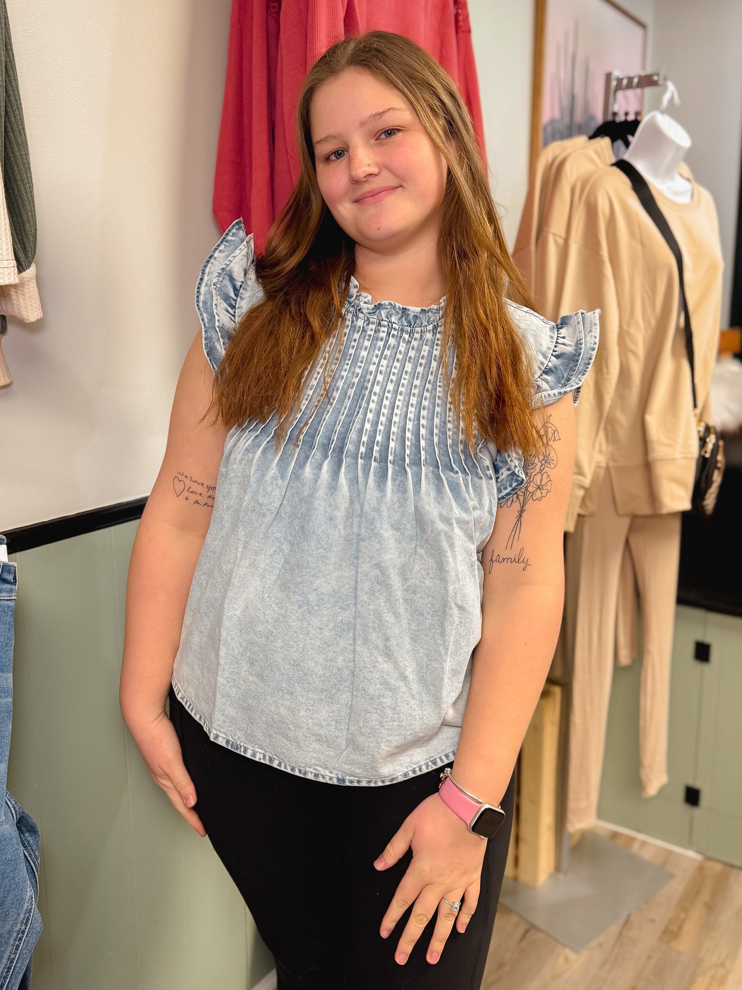 Vintage Washed Ruffle Pleated Detail Denim Top | S-XL