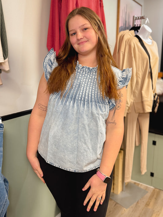 Vintage Washed Ruffle Pleated Detail Denim Top | S-XL
