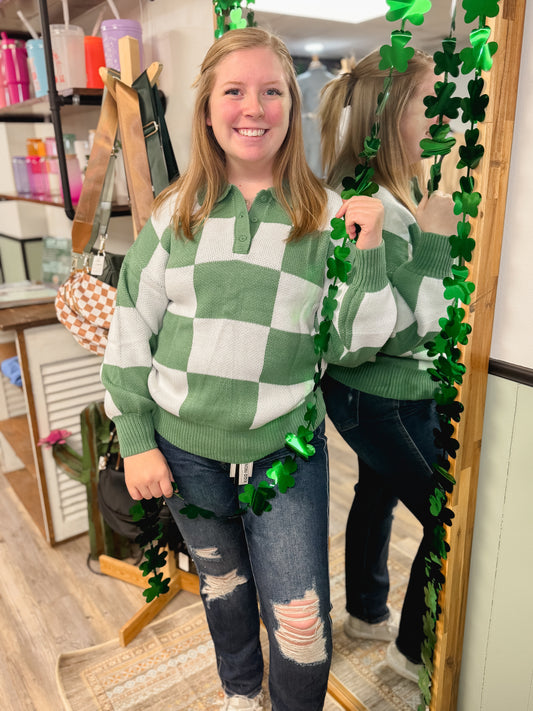 Checkered V Neck Long Sleeve Sweater | S-XL