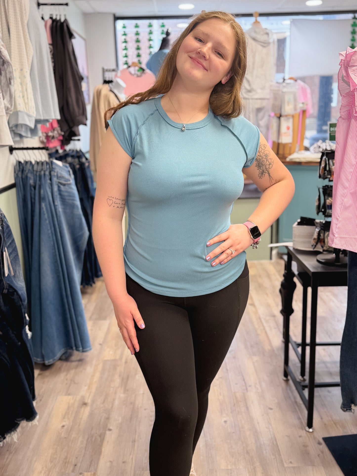 Cap Sleeve Ribbed T Shirt