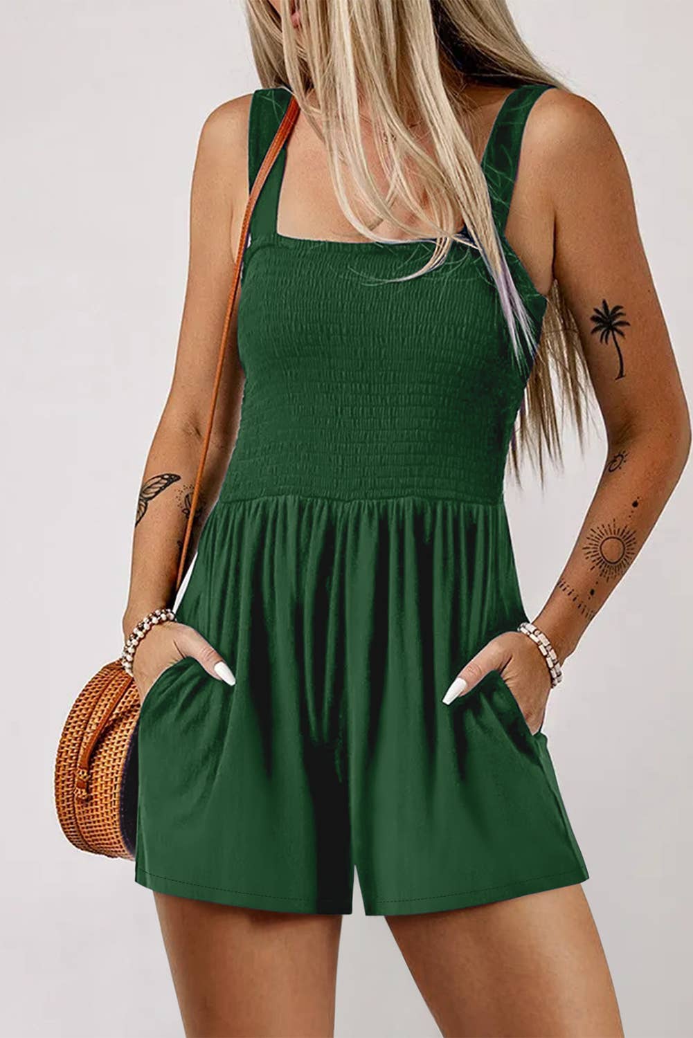 Casual Pocketed Smocked Sleeveless Romper