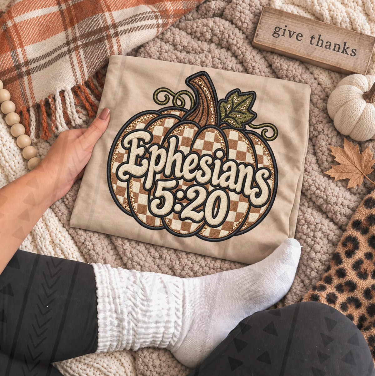 Ephesians 5:20 faux embroidery pumpkin