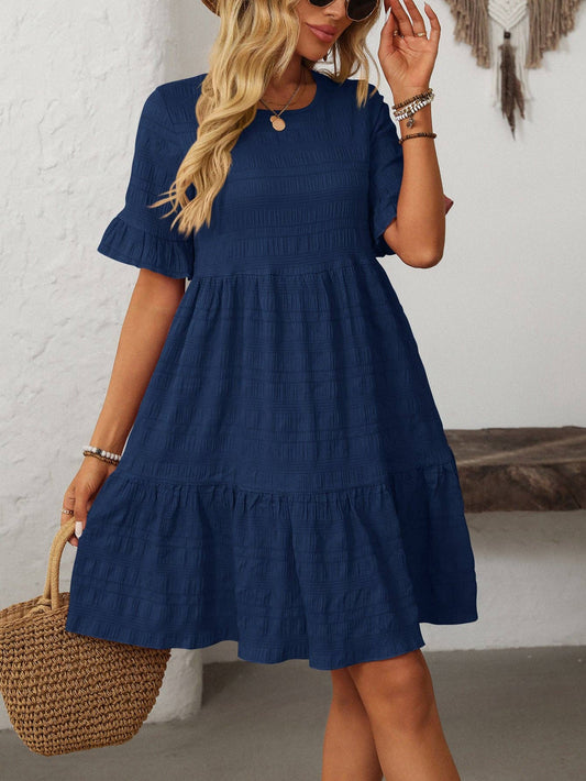 Women Ruffle Sleeve A Line Tiered Flowy Casual Trendy Mini Dress
