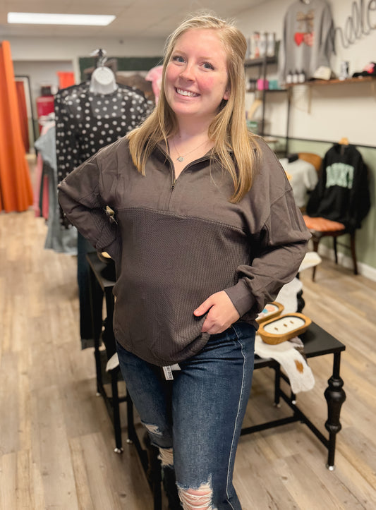 Waffle Textured Patchwork Zip Colloar Sweatshirt | S-XL