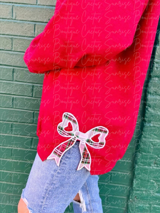 PREORDER Red Plaid Side Bow Embroidered Appliqué Crewneck **Read Description**