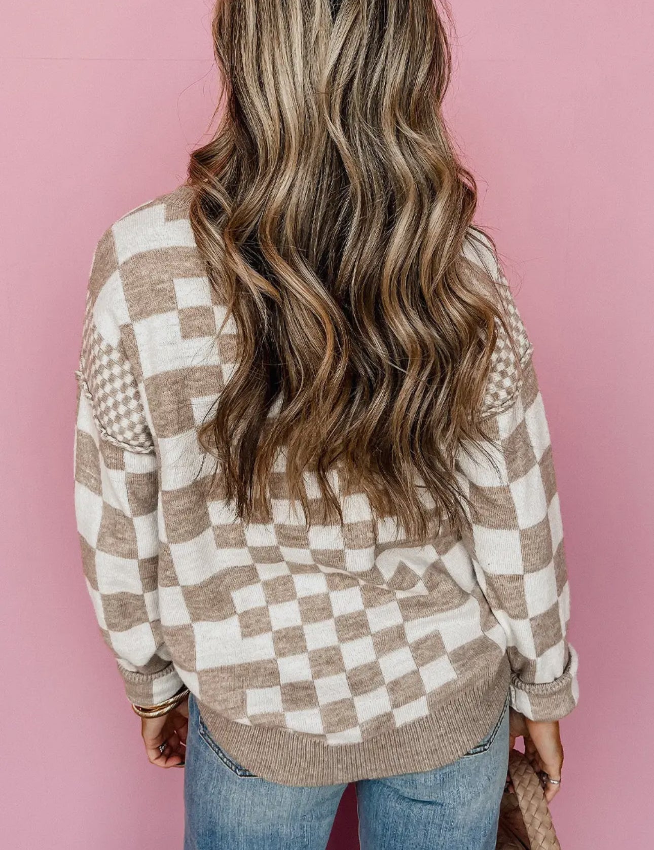 Khaki Checkered Round Neck Sweater